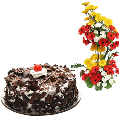 "Round shape chocolate cake - 1kg , Grand flower arrangement - Click here to View more details about this Product